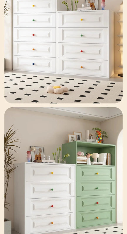 White Iron Scandinavian Dresser with Colorful Round Knobs Modern Eco-Friendly Durable 4-Drawer Bedroom & Living Room Storage