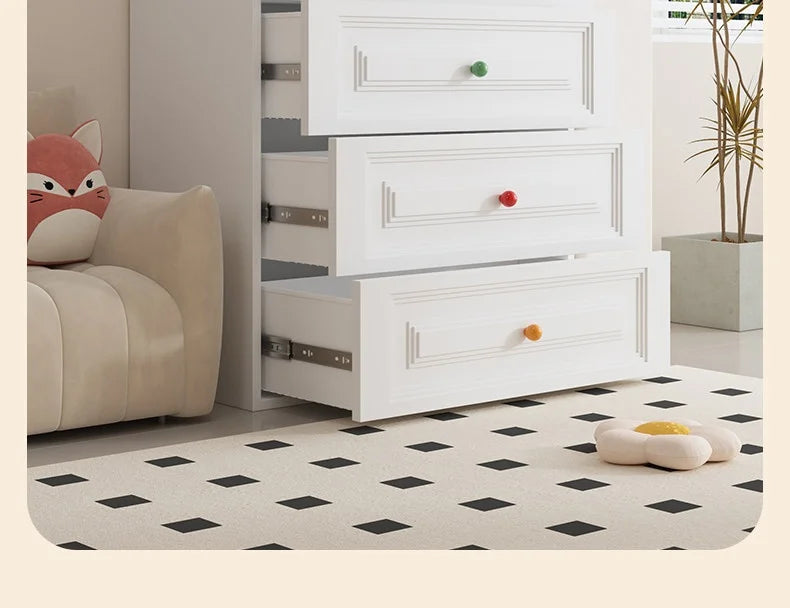 White Iron Scandinavian Dresser with Colorful Round Knobs Modern Eco-Friendly Durable 4-Drawer Bedroom & Living Room Storage