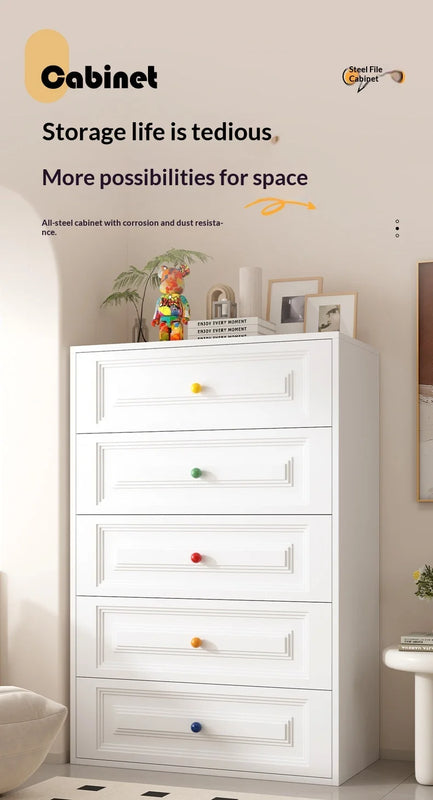 White Iron Scandinavian Dresser with Colorful Round Knobs Modern Eco-Friendly Durable 4-Drawer Bedroom & Living Room Storage