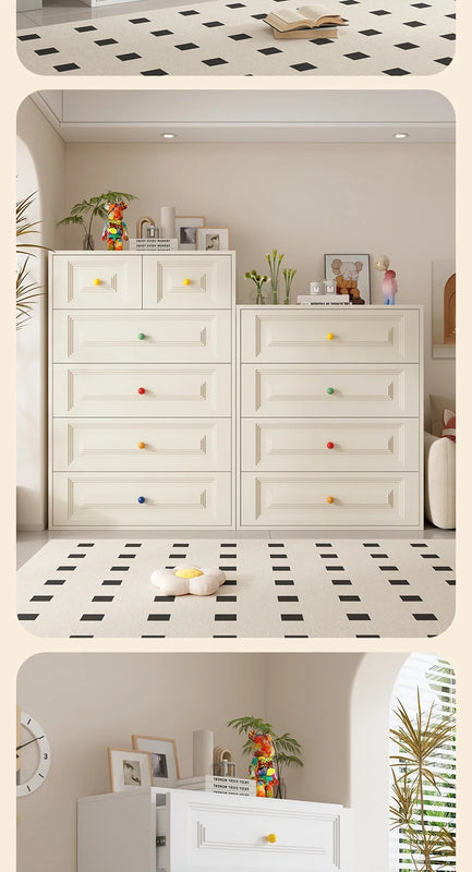 White Iron Scandinavian Dresser with Colorful Round Knobs Modern Eco-Friendly Durable 4-Drawer Bedroom & Living Room Storage