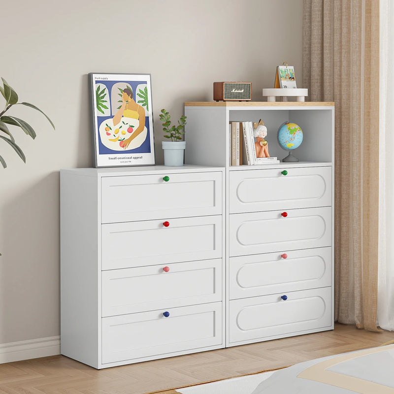 White Iron Scandinavian Dresser with Colorful Round Knobs Modern Eco-Friendly Durable 4-Drawer Bedroom & Living Room Storage